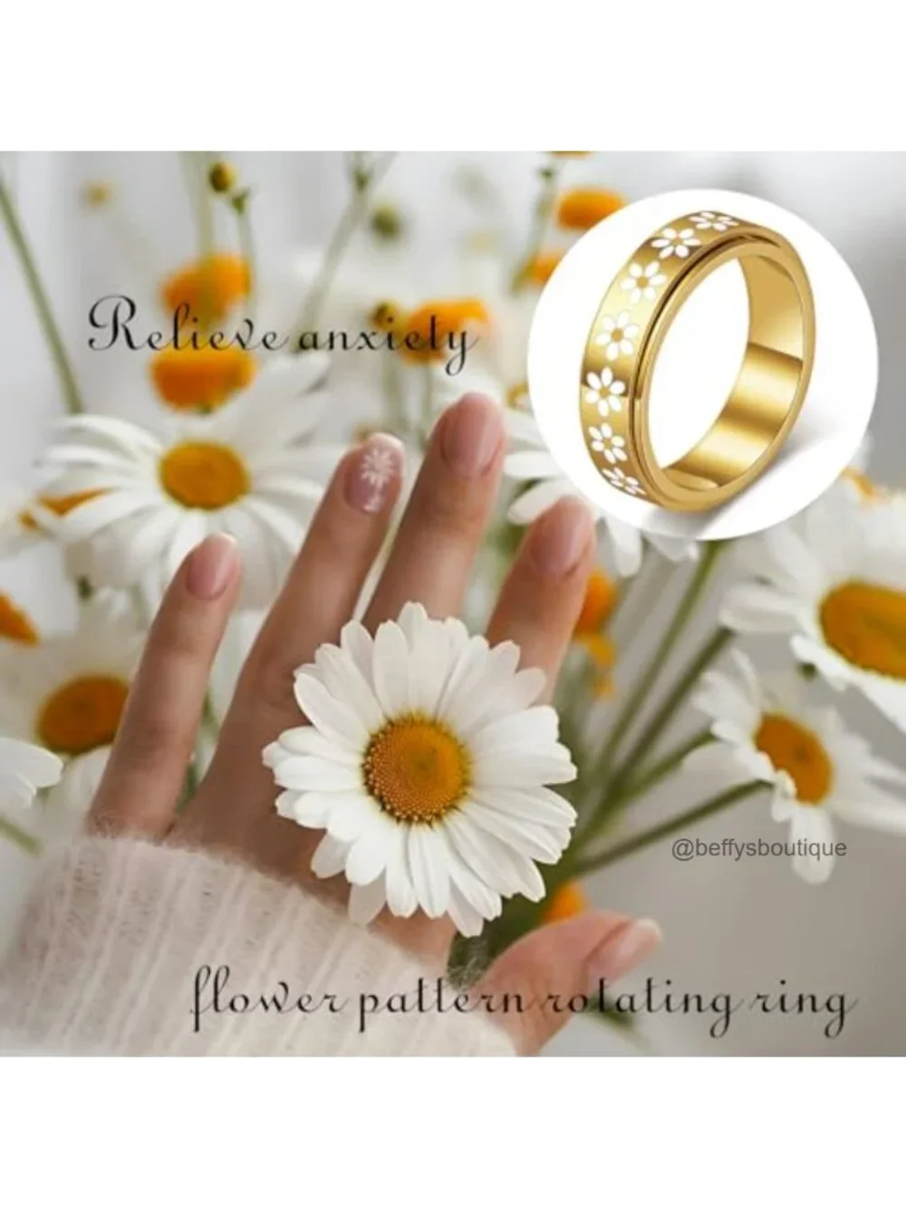 Daisy Fidget Ring - 18K Gold Plated Spinner Ring for Anxiety Relief, Stainless